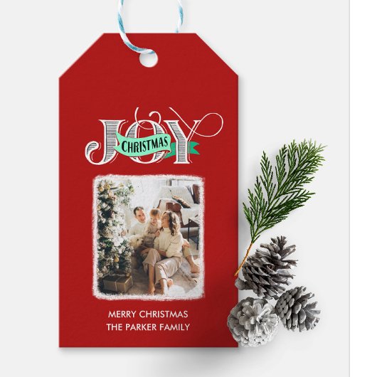 JOY Modern Bold Script Minimalistische foto Kerstm Cadeaulabel