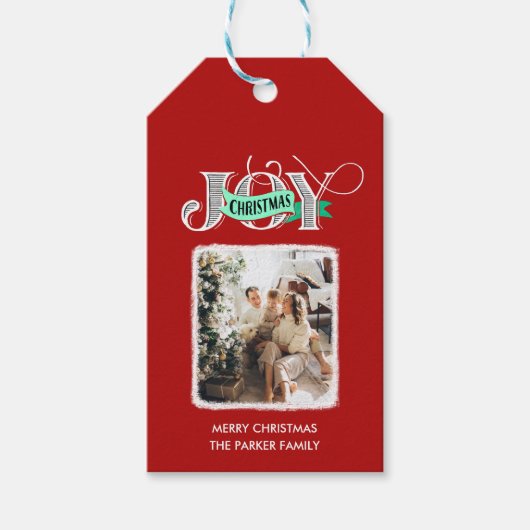 JOY Modern Bold Script Minimalistische foto Kerstm Cadeaulabel (Voorkant)