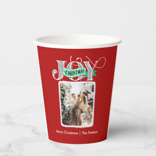 JOY Modern Bold Script Minimalistische foto Kerstm Papieren Bekers (Voorkant)
