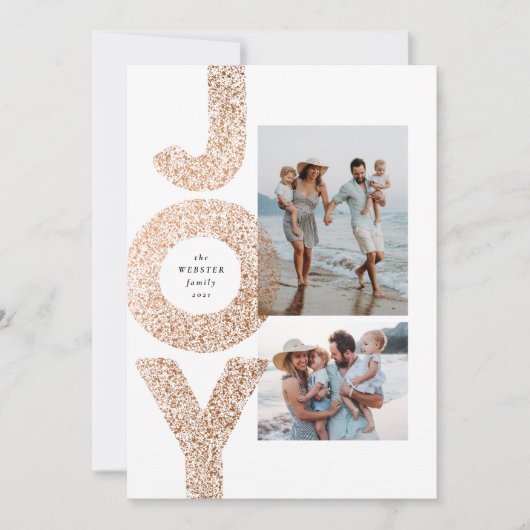 Joy modern bronze speckle twee foto Kerstmis Feestdagenkaart (Voorkant)