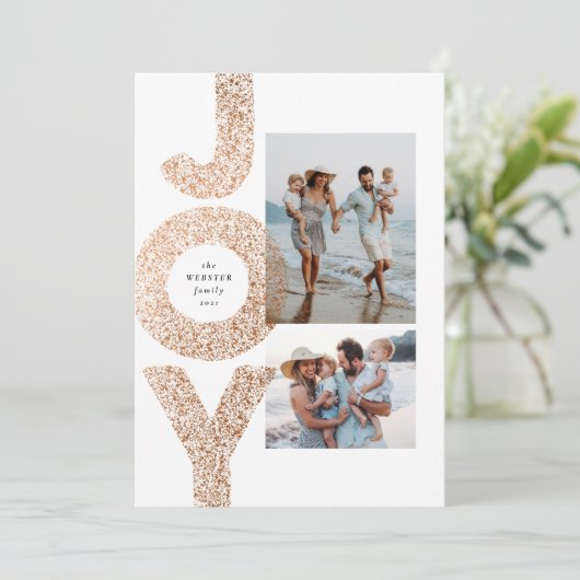 Joy modern bronze speckle twee foto Kerstmis Feestdagenkaart (Staand voorkant)
