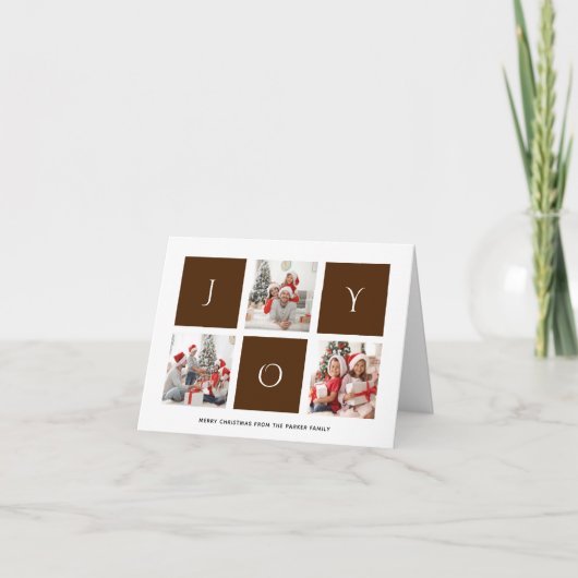 JOY Modern Brown Script Photo Collage Simple Feestdagen Kaart (Voorkant)