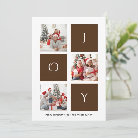 JOY Modern Brown Script Photo Collage Simple Feestdagenkaart (Staand voorkant)