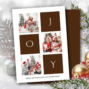 JOY Modern Brown Script Photo Collage Simple Feestdagenkaart