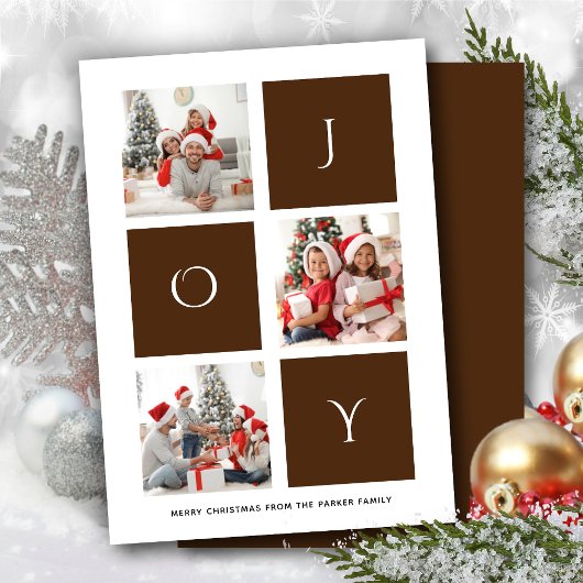 JOY Modern Brown Script Photo Collage Simple Feestdagenkaart