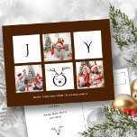 JOY Modern Fun Script Photo Collage Whimsical Holi Briefkaart<br><div class="desc">Verstuur aanpasbare en gepersonaliseerde feestbegroetingen naar vrienden, collega's en familie in eenvoudige, stijlvolle, elegante en moderne, feestelijke, op drie foto's afgestemde briefkaarten met een fraaie, minimalistische stijl! Aan de voorkant is een drie fotocollage omgeven door het woord "vreugde" met een schattig rendiergezicht in moderne typografie afgebeeld op een prachtige neutrale...</div>