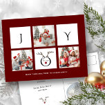 JOY Modern Fun Script Photo Collage Whimsical Holi Briefkaart<br><div class="desc">Verstuur aanpasbare en gepersonaliseerde feestbegroetingen naar vrienden, collega's en familie in eenvoudige, stijlvolle, elegante en moderne drie fotocollage, feestelijke, minimalistische stijlkaarten! Aan de voorkant is een drie fotocollage omgeven door het woord "vreugde" met een schattig rendiergezicht in moderne typografie afgebeeld op een prachtige maroon-rode achtergrond. Onder de kalligrafie kenmerkt uw...</div>