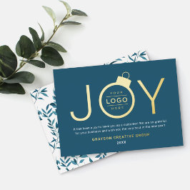 Joy Modern Gold en Blauwgroen Blue Logo Ornament Folie Feestdagenkaart