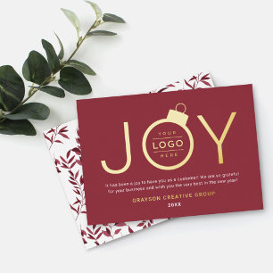 Joy Modern Gold en Garnet Red Logo Ornament Folie Feestdagenkaart