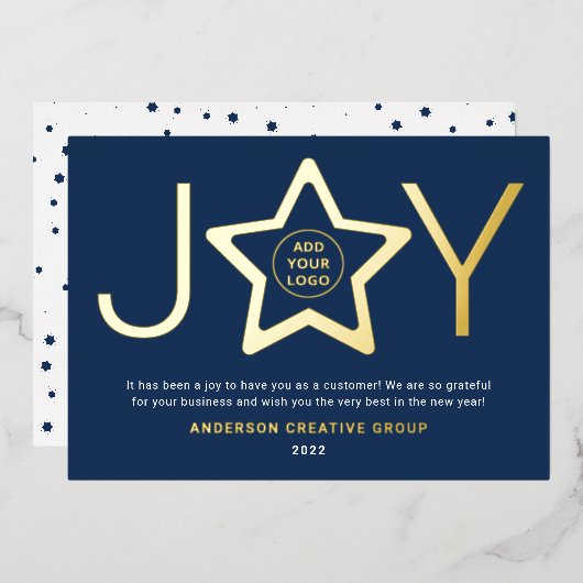 Joy Modern Gold en Navy Blue Logo Star Ornament Folie Feestdagenkaart (Voorkant / Achterkant)