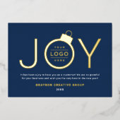 Joy Modern Gold en Navy Logo Ornament Folie Feestdagenkaart (Voorkant)