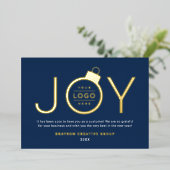 Joy Modern Gold en Navy Logo Ornament Folie Feestdagenkaart (Staand Voorkant)
