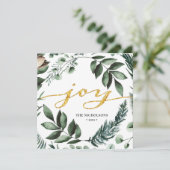 JOY Modern Gold Script Magnolia Floral Pine Bough Feestdagenkaart (Staand voorkant)