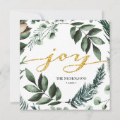 JOY Modern Gold Script Magnolia Floral Pine Bough Feestdagenkaart (Voorkant)
