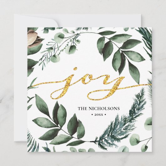 JOY Modern Gold Script Magnolia Floral Pine Bough Feestdagenkaart (Voorkant)