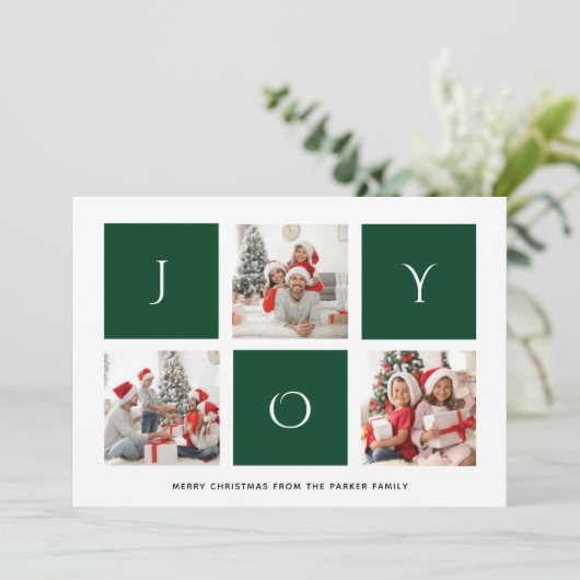 JOY Modern Green Fun Script Photo Collage Simple Feestdagenkaart (Staand voorkant)