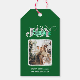 JOY Modern Groen Eenvoudige Familiefoto Kerstmis Cadeaulabel