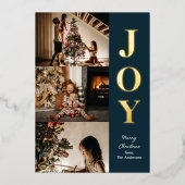 Joy Modern Kerstkaart Blauw Goud 3 Foto Collage Folie Feestdagenkaart (Voorkant)