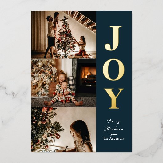 Joy Modern Kerstkaart Blauw Goud 3 Foto Collage Folie Feestdagenkaart (Voorkant)