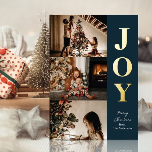 Joy Modern Kerstkaart Blauw Goud 3 Foto Collage Folie Feestdagenkaart