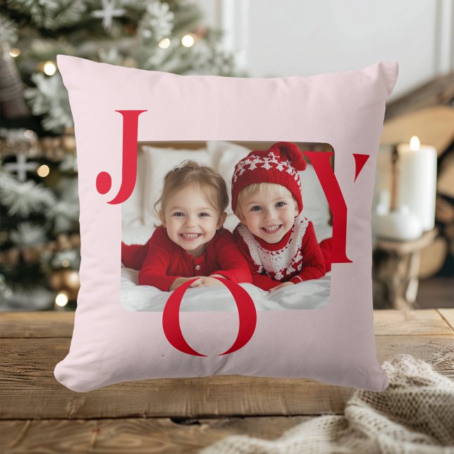 JOY | Modern Red And Pink Christmas Photo Gift Kussen (Creator heeft geüpload)