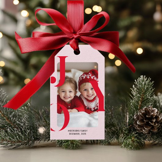 JOY | Modern Red & Pink Christmas Photo Gift Cadeaulabel