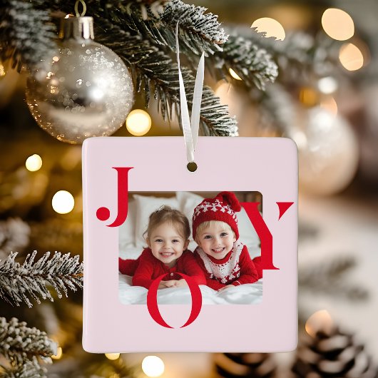 JOY | Modern Red & Pink Christmas Photo Gift Keramisch Ornament