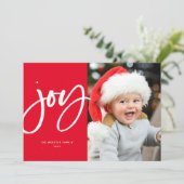 Joy modern rood script, één foto met Kerstmis Feestdagenkaart (Staand voorkant)