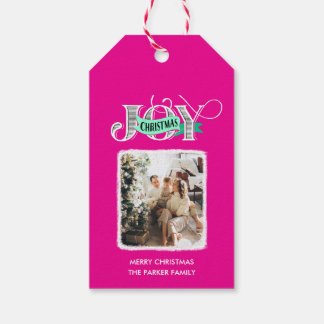 JOY Modern Roze Eenvoudige Familiefoto Kerstmis Cadeaulabel