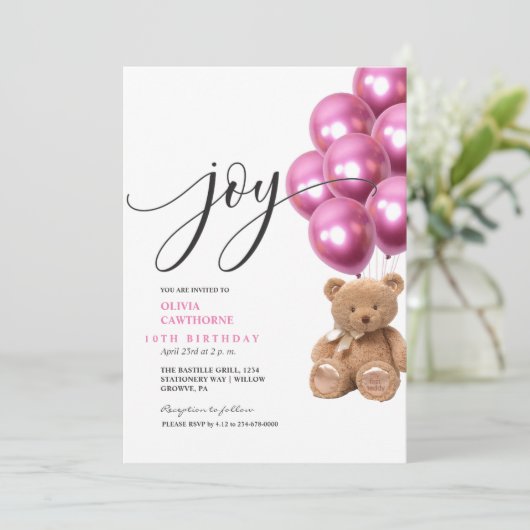 Joy Modern Schattige Beer Roze Ballen 10e Verjaard Kaart (Staand voorkant)