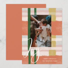 Joy | Moderne foto peach en groene Waterverf Feestdagenkaart
