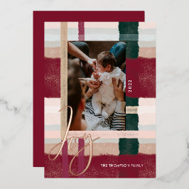 Joy | Moderne foto van groene en rode Waterverf Folie Feestdagenkaart