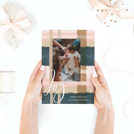Joy | Moderne groene en roze Waterverf foto Feestdagenkaart