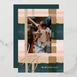 Joy | Moderne groene en roze Waterverf foto Folie Feestdagenkaart