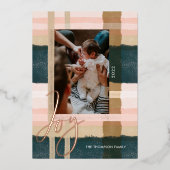 Joy | Moderne groene en roze Waterverf foto Folie Feestdagenkaart (Voorkant)