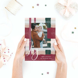 Joy | Moderne maroon & groene Waterverf foto Feestdagenkaart