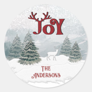 Joy Moderne Waterverf winter herten scene Ronde Sticker