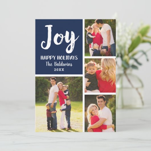 Joy Navy Blauw Geborsteld Script Fotocollage Feestdagenkaart (Staand voorkant)