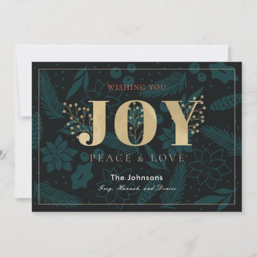 JOY Navy Blue Holiday Floral Pine Christmas Kaart (Voorkant)