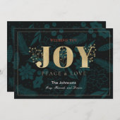 JOY Navy Blue Holiday Floral Pine Christmas Kaart (Voorkant / Achterkant)