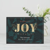 JOY Navy Blue Holiday Floral Pine Christmas Kaart (Staand voorkant)
