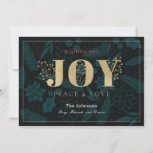 JOY Navy Blue Holiday Floral Pine Christmas Kaart