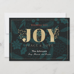 JOY Navy Blue Holiday Floral Pine kerstkaart