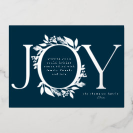 Joy Navy Blue Silver Pine Berry Wreatfoto Folie Feestdagenkaart