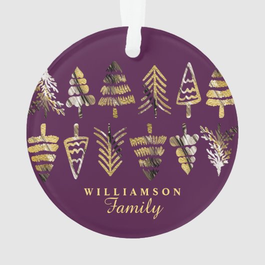 Joy Paarse, Gouden & Zwarte Pijnboom Familiefoto Ornament (achterkant)