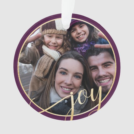 Joy Paarse, Gouden & Zwarte Pijnboom Familiefoto Ornament (voorkant)