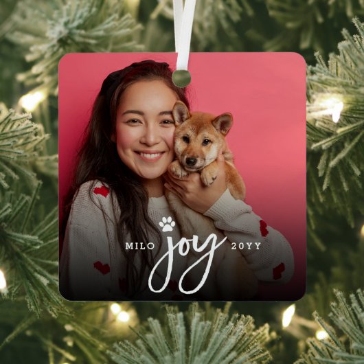Joy Paw Print Borstel Script Foto Hond Pet Christm Metalen Ornament (Insitu)