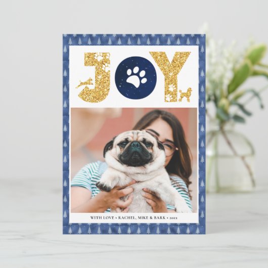 JOY Paws Gold | Pet Lovers Pine Tree in Blue Feestdagenkaart (Staand voorkant)