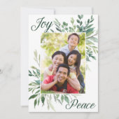Joy Peace Elegant Botanical Greenery Family Foto Feestdagenkaart (Voorkant)