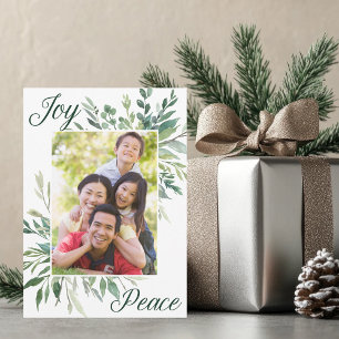 Joy Peace Elegant Botanical Greenery Family Foto Feestdagenkaart